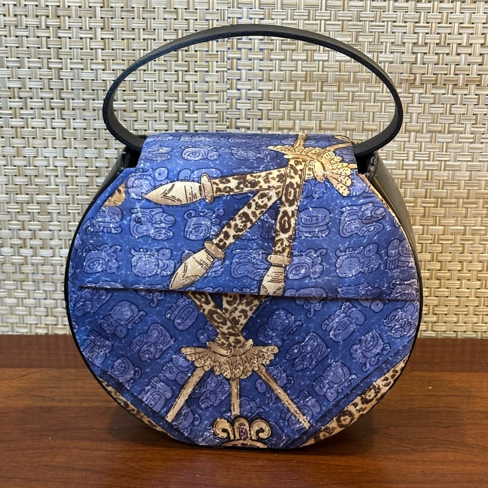 🌟3xHP🌟VTG 2000s Pineda Covalin Mexico Lux Round Blue Tan Silk Bag Black Leather